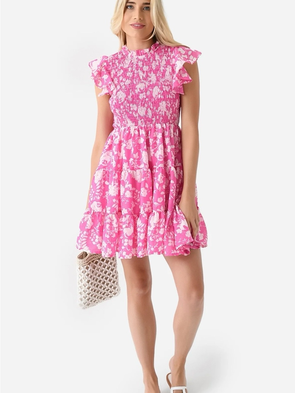 J. Marie Women's Rosie Ruched Dress in pink and white floral.